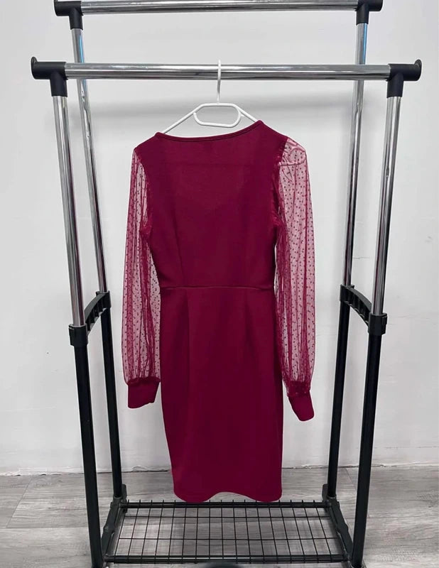 Bordó Shein mini ruha tüll ujjakkal – S (EU 36)