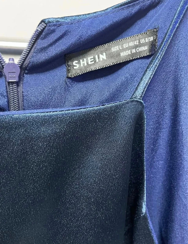 Shein kék alkalmi ruha – selymes, csillogós anyag, L méret
