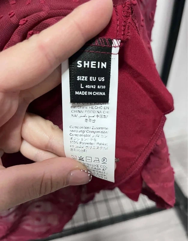 Shein bordó rövid ruha csipke pántokkal – L méret (EU 40/42)