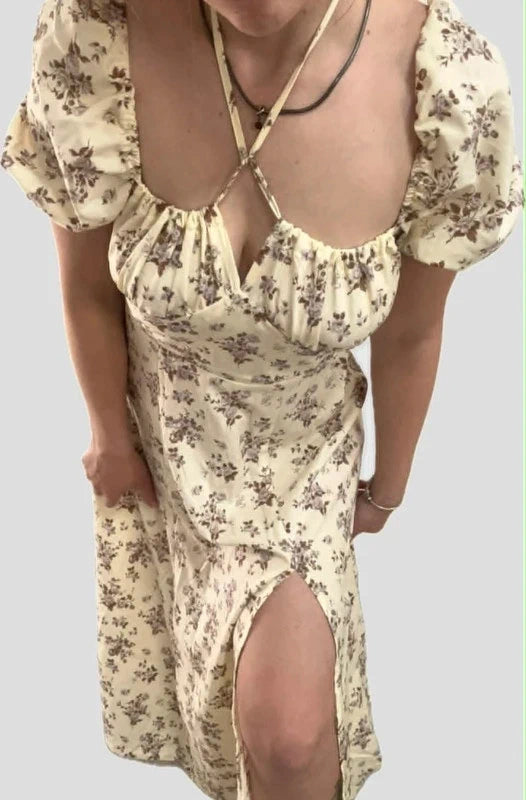 Shein pasztell sárga virágos maxi ruha – S