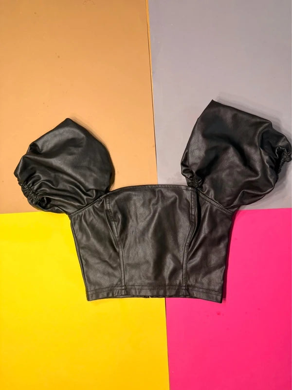 H&M fekete műbőr puffos ujjú crop top XS