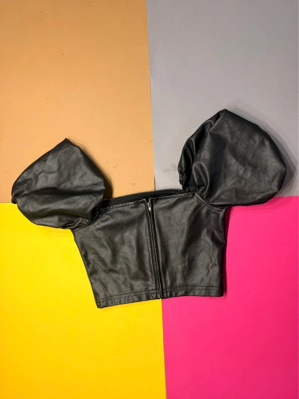 H&M fekete műbőr puffos ujjú crop top XS