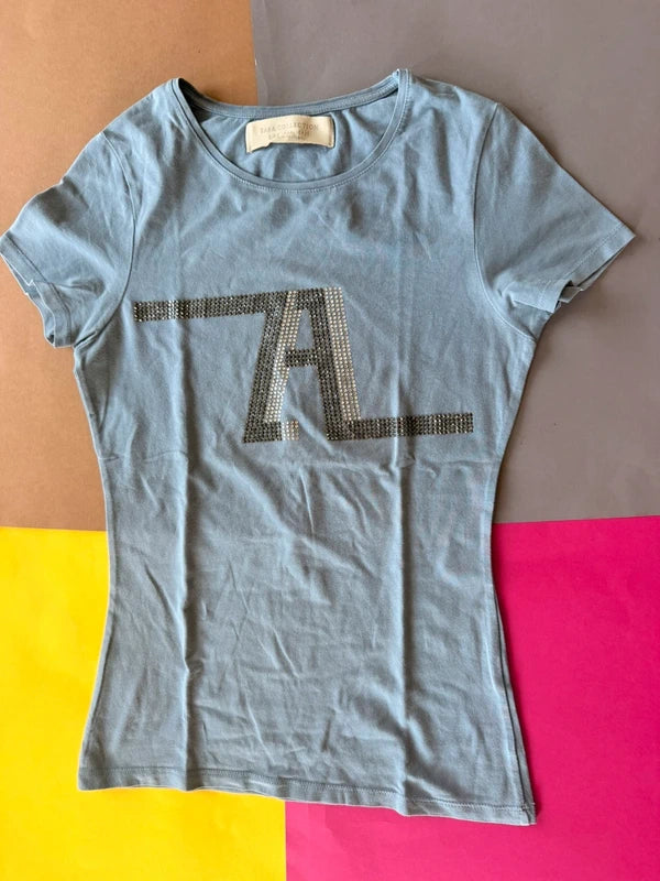 Zara Collection női póló világoskék strasszöves S