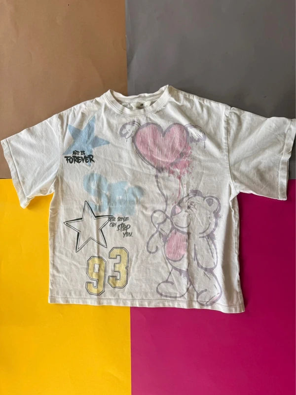 H&M női póló – törtfehér pasztell grafikás XS / 158-164