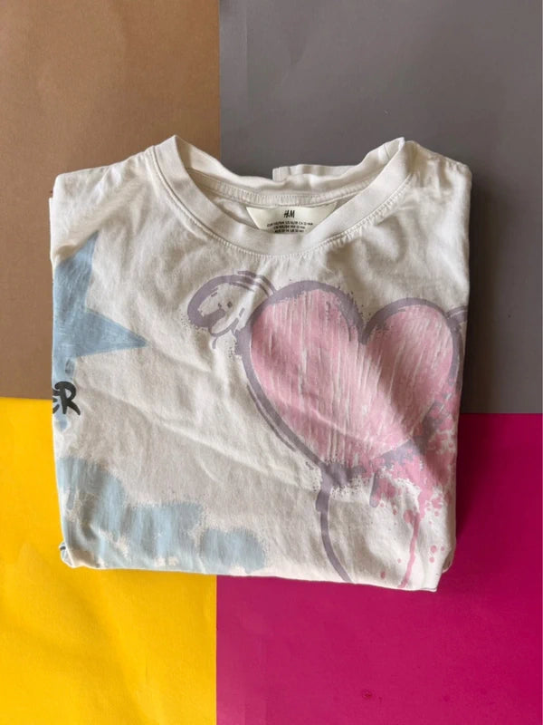 H&M női póló – törtfehér pasztell grafikás XS / 158-164
